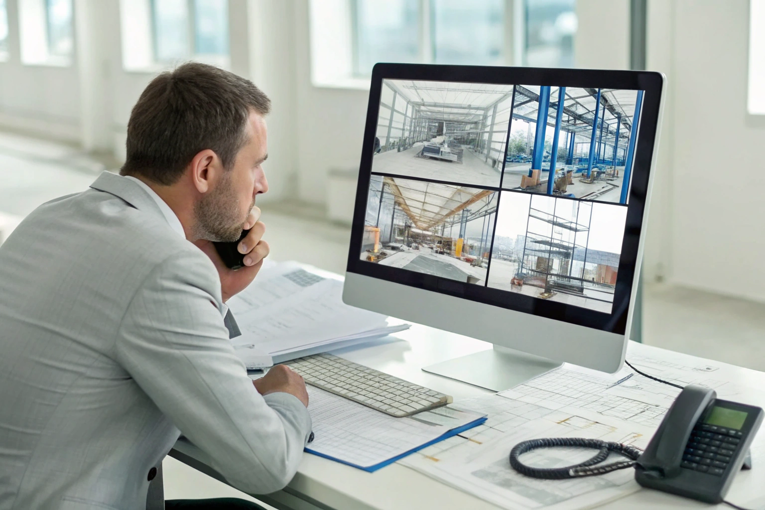 Project monitoring Architect reviewing construction site footage on desktop screen