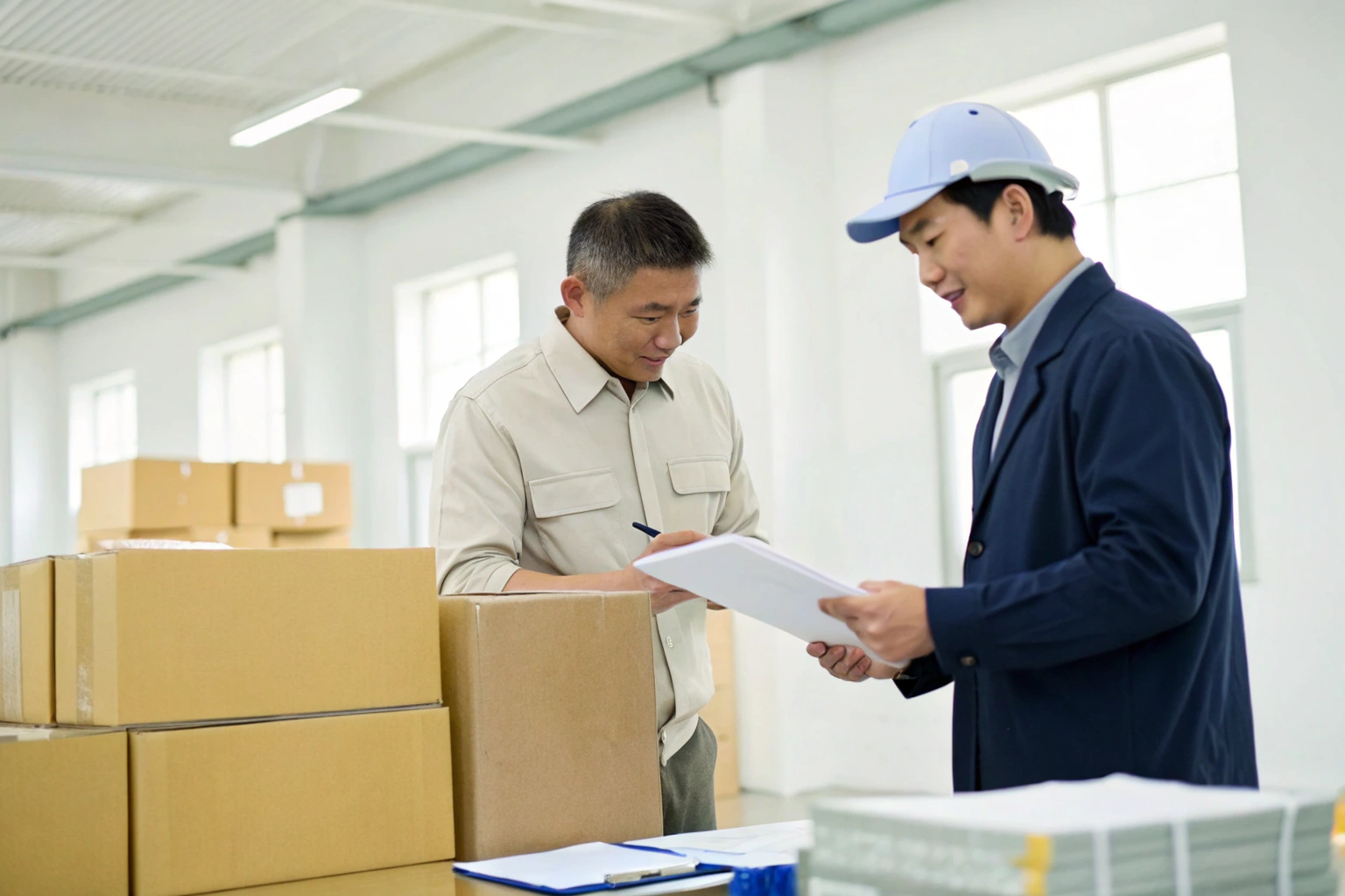 Document check Workers reviewing shipping documents in warehouse with boxes (ID#4)