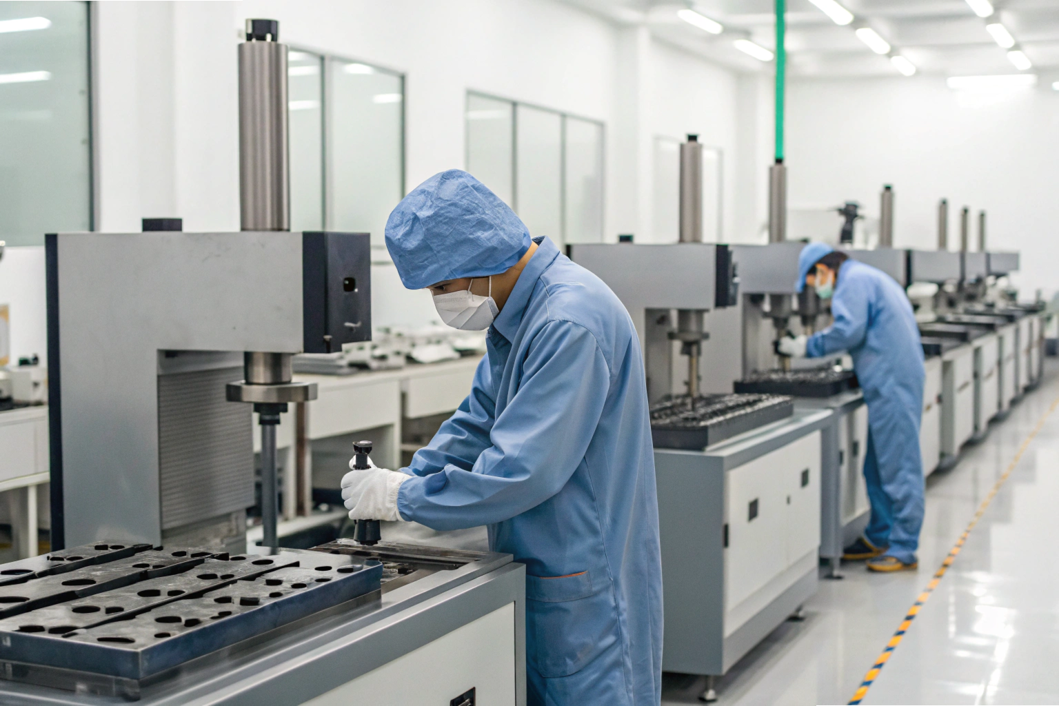 Factory workers in cleanroom operating precision manufacturing machines