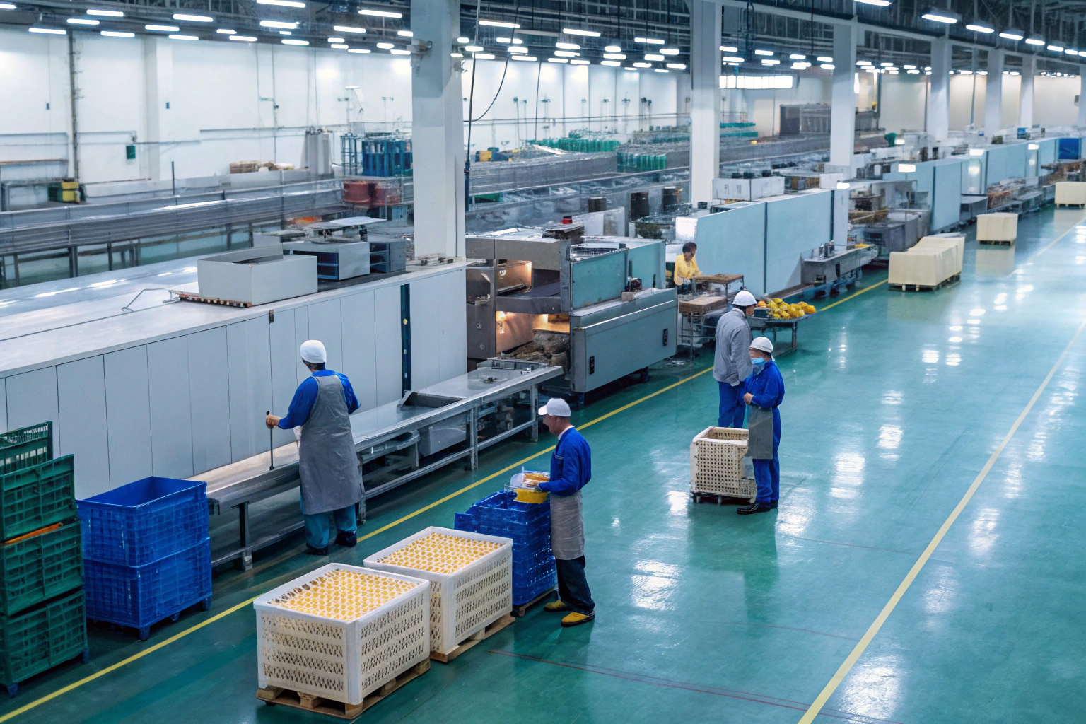 Food production Workers managing automated food production line in factory