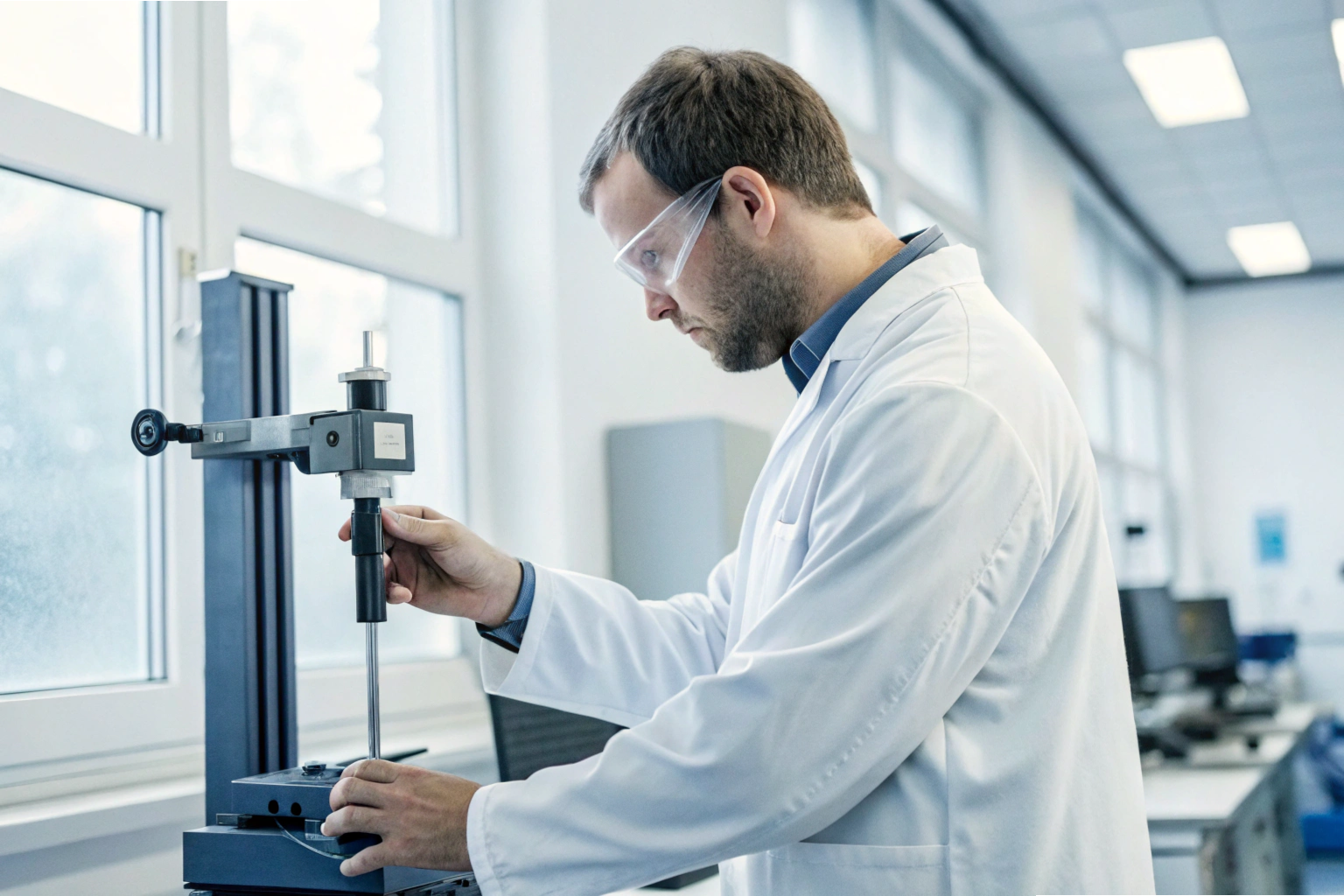 Precision measurement Engineer measuring metal component with precision gauge