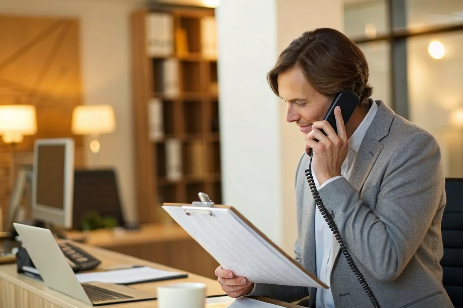Phone consultation Businessman on phone call reviewing documents at desk (ID#3)