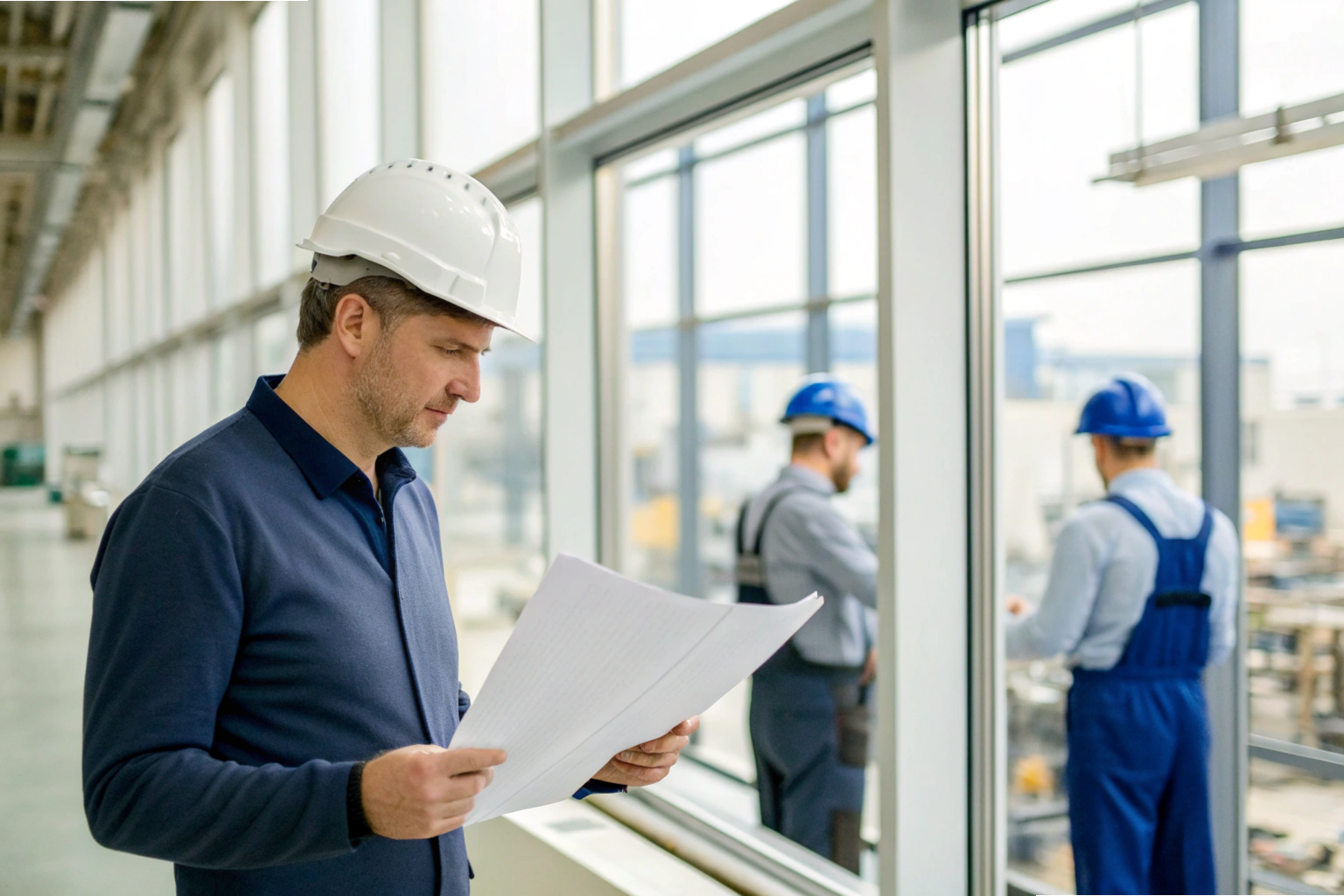 Engineer reviewing factory blueprints near production floor