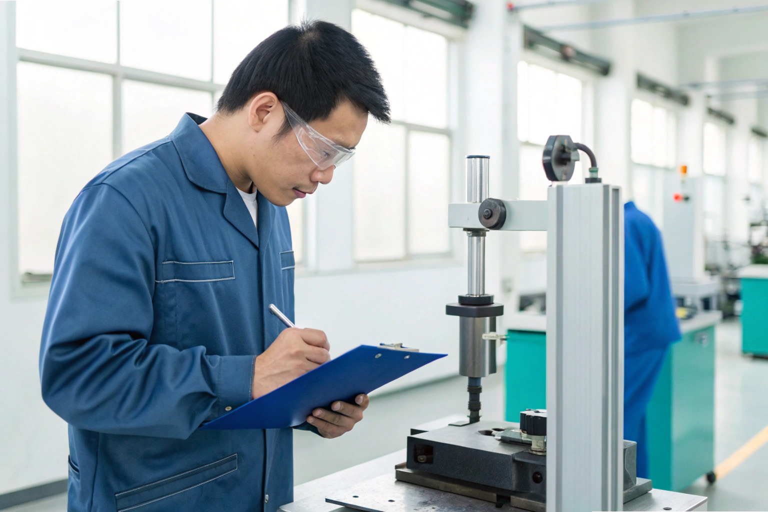 Quality inspection Inspector recording data from measurement equipment