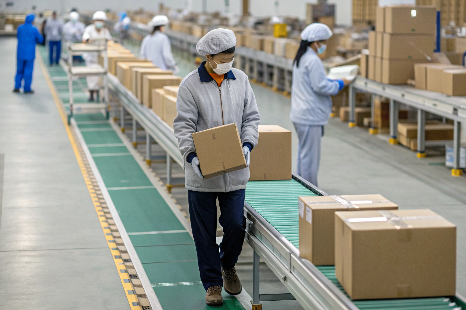 Packaging line Worker handling boxes on conveyor belt in packaging facility (ID#1)