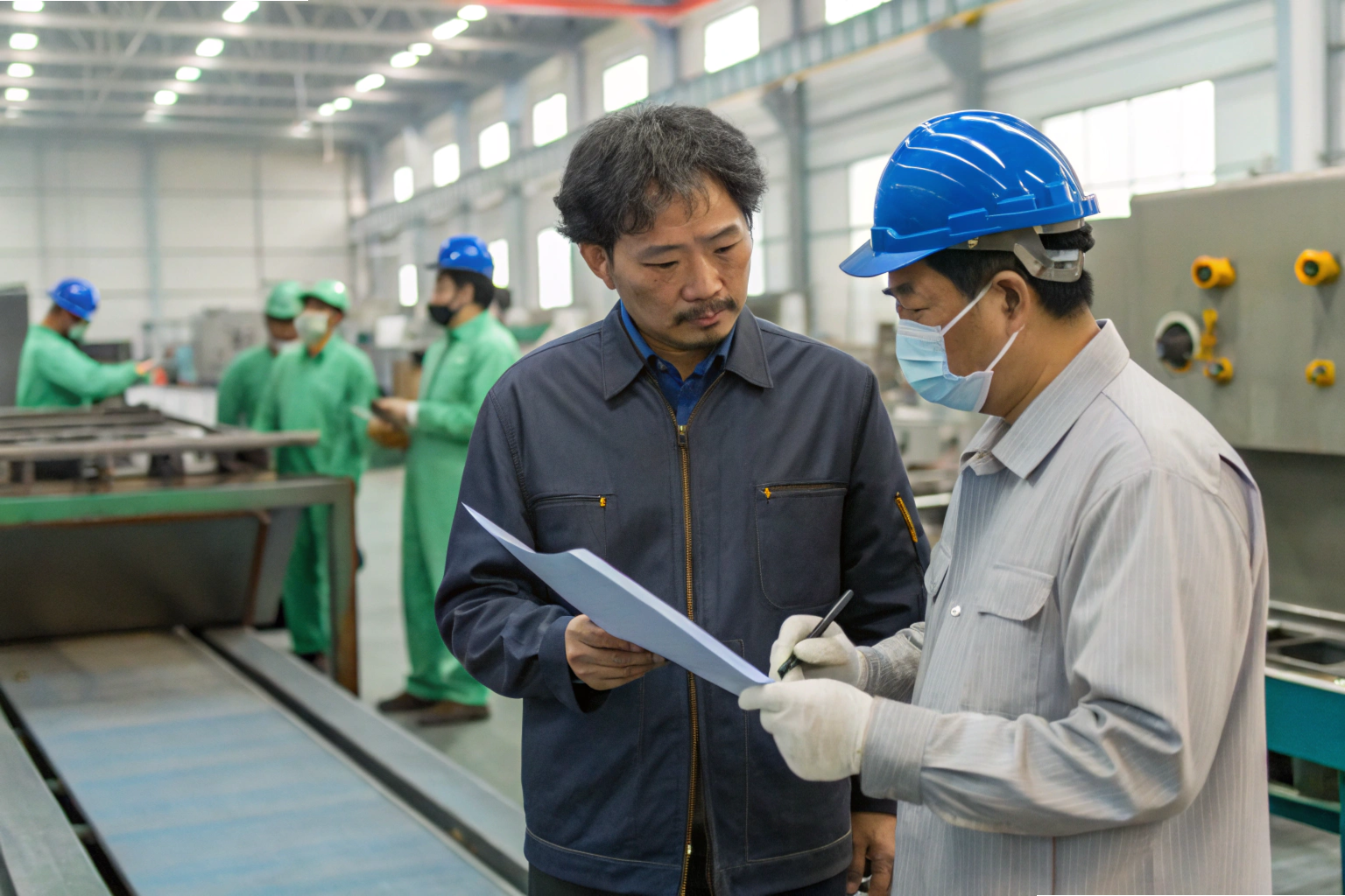 Supervisors reviewing production documents on factory floor