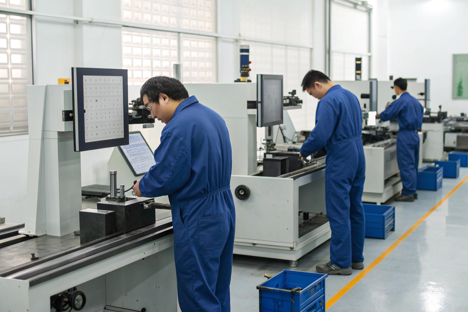 Parts inspection Engineers inspecting precision parts with measurement equipment