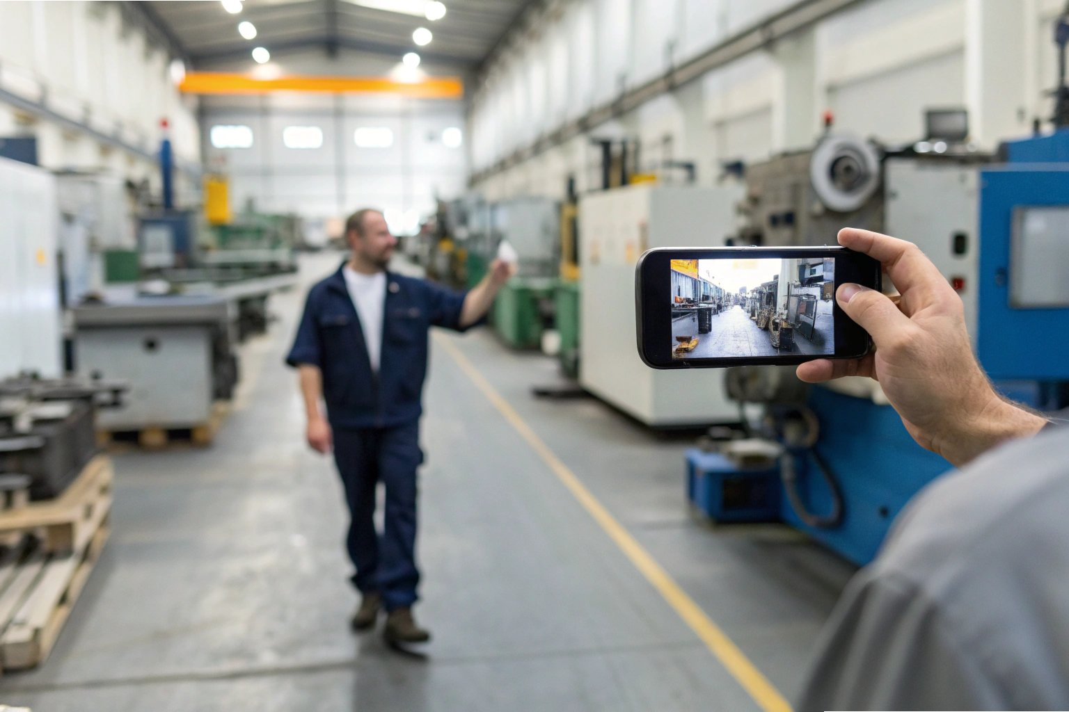 Factory walkthrough Worker recording factory walkthrough with smartphone