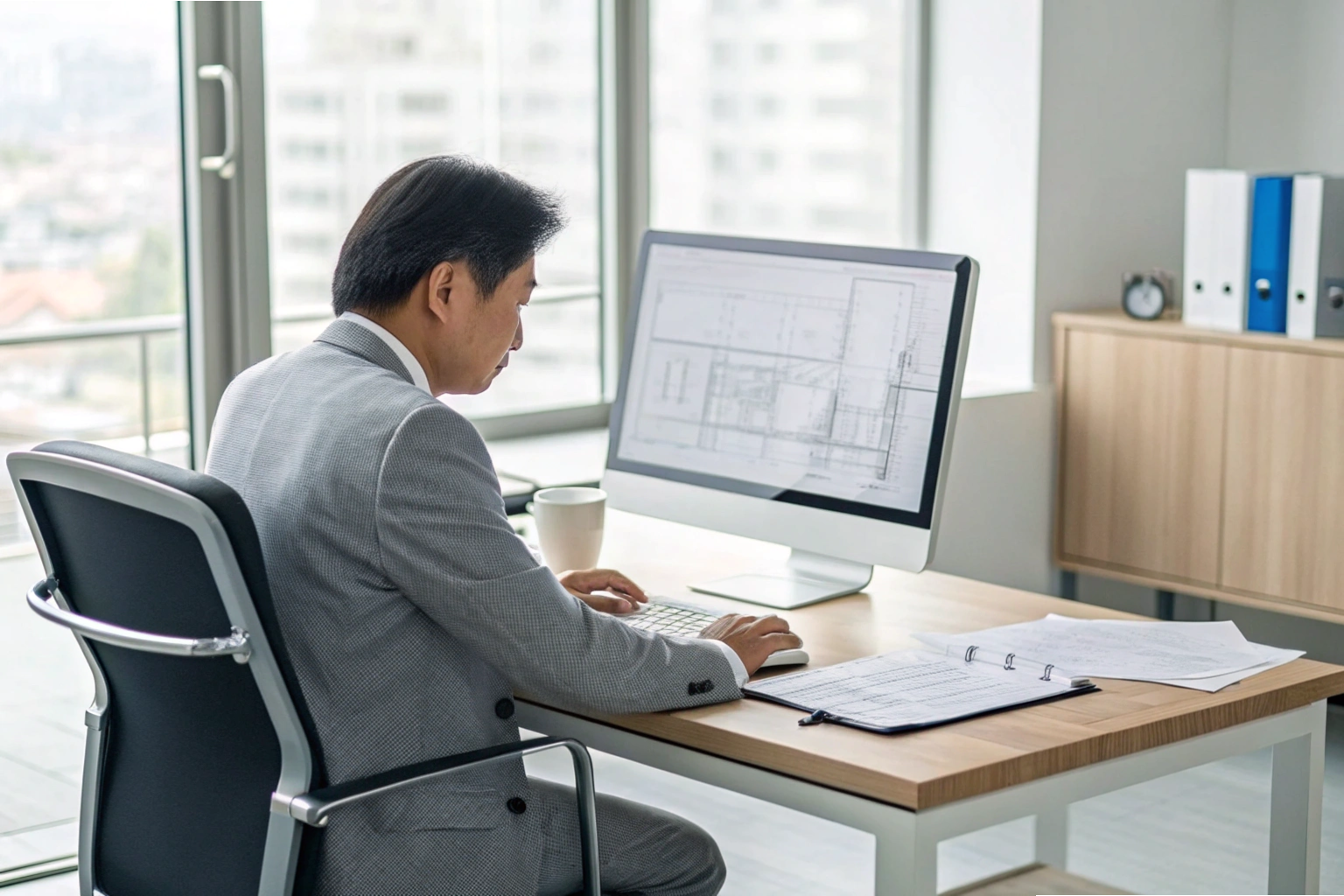 Design review Engineer analyzing architectural drawings on desktop computer