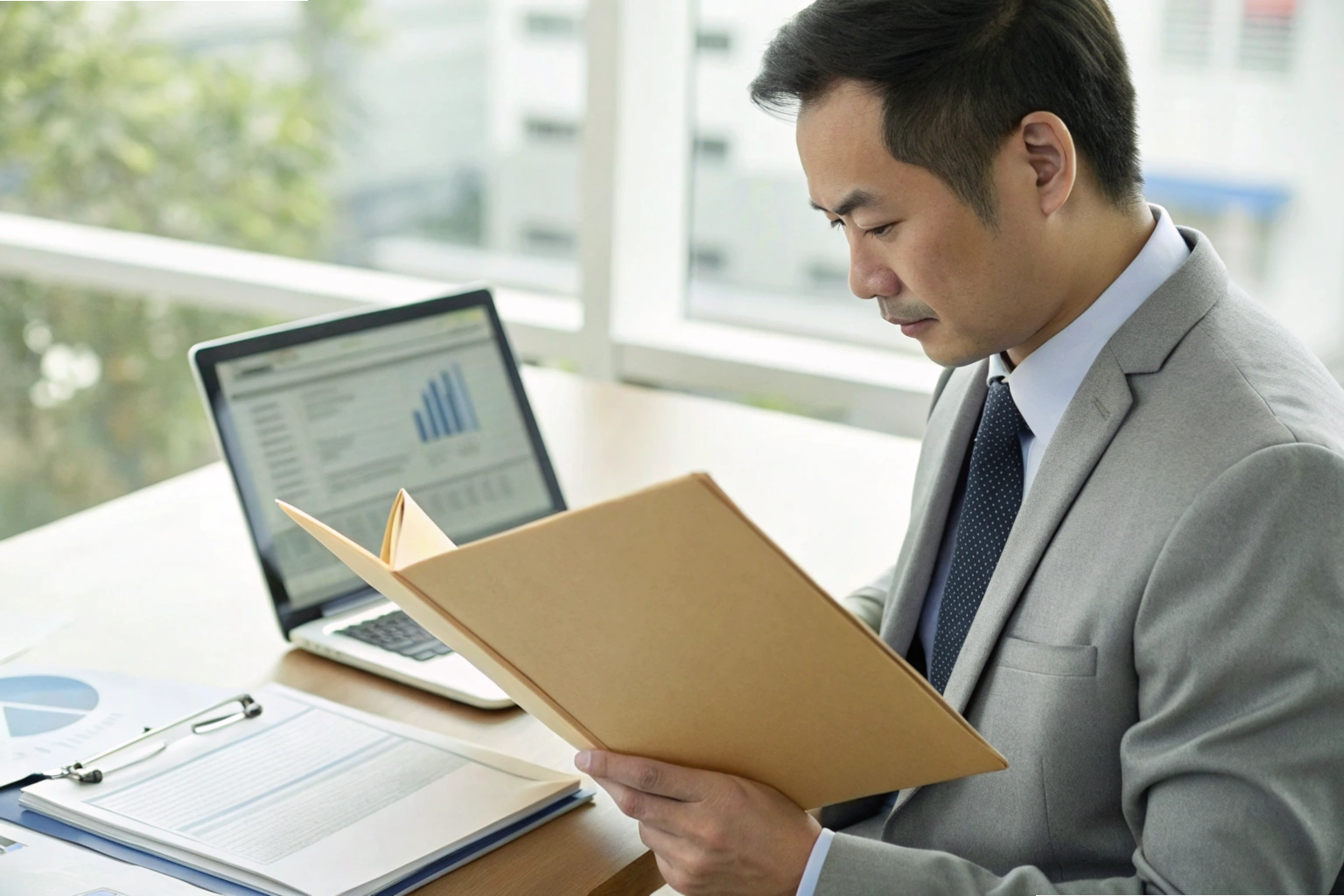 Report analysis Businessman reviewing financial report with laptop graphs
