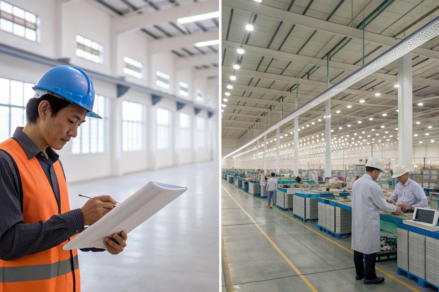 Engineer reviewing plans and factory workers inspecting production line