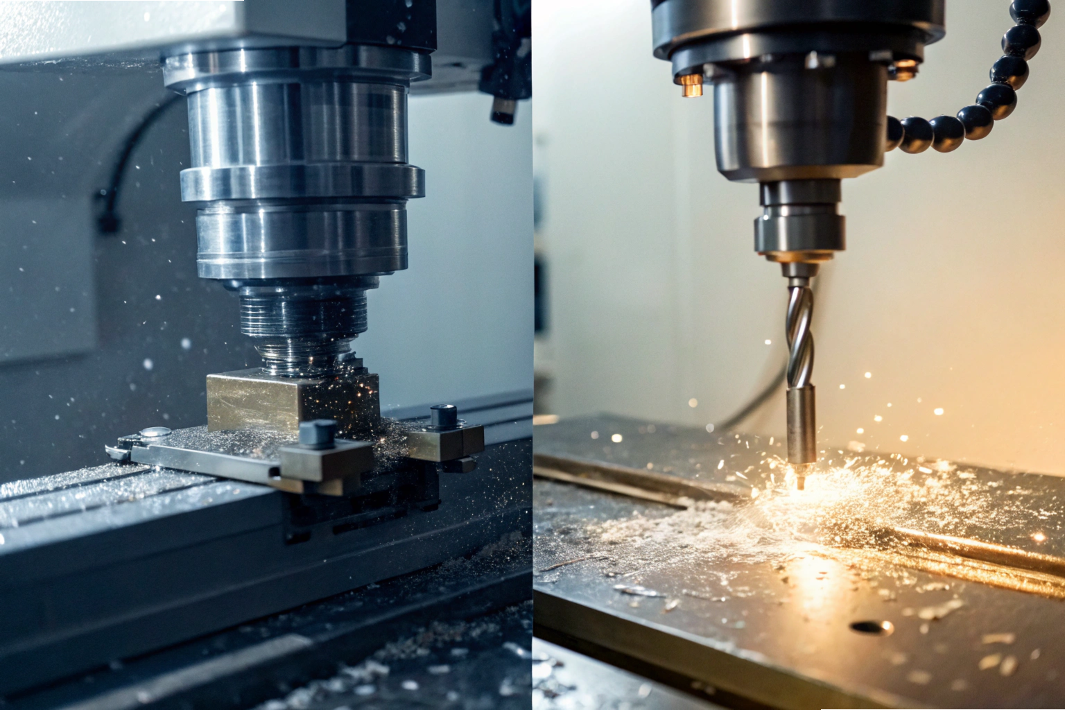 CNC machining CNC machines cutting metal with sparks in workshop (ID#4)