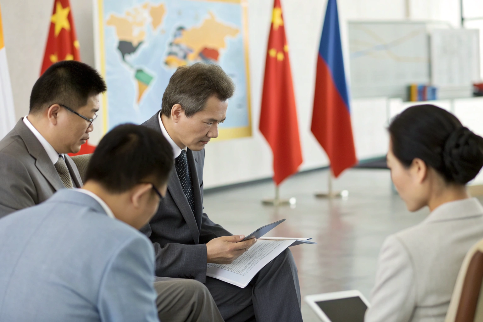 Business diplomacy Delegates in formal meeting with international flags in background