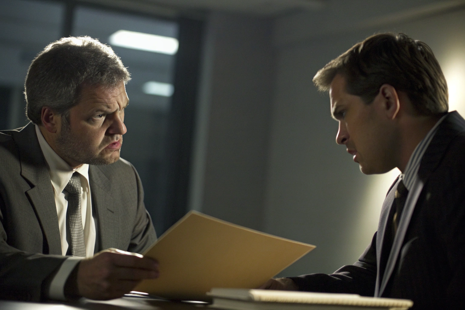 Business discussion Two businessmen discussing documents in office meeting