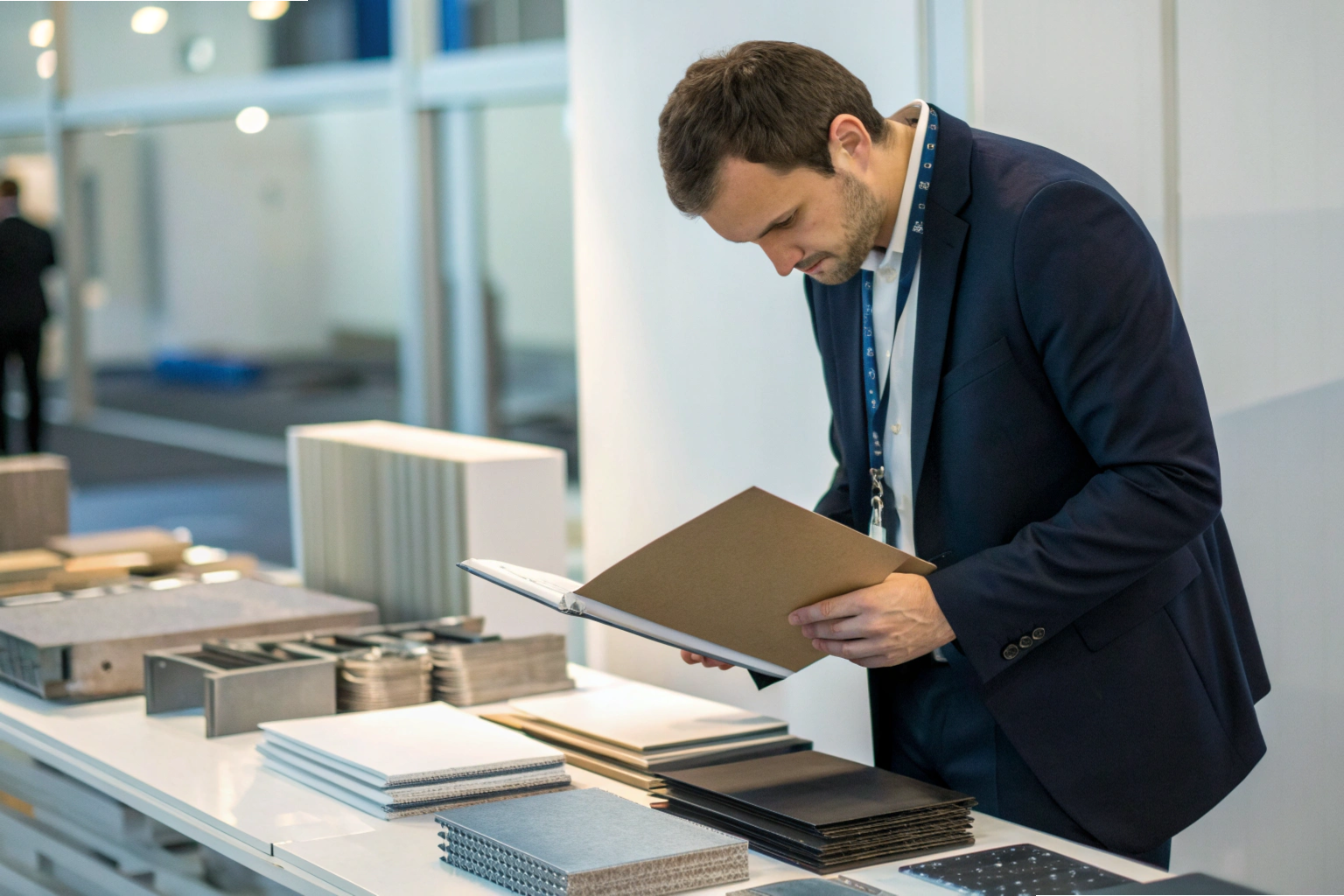 Trade show review Business professional reviewing material samples at trade show