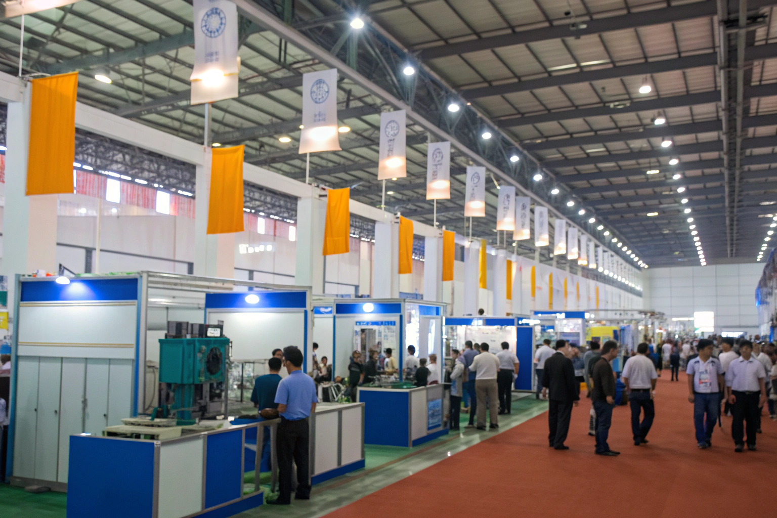 Industry expo Large industrial trade fair with exhibition booths and visitors