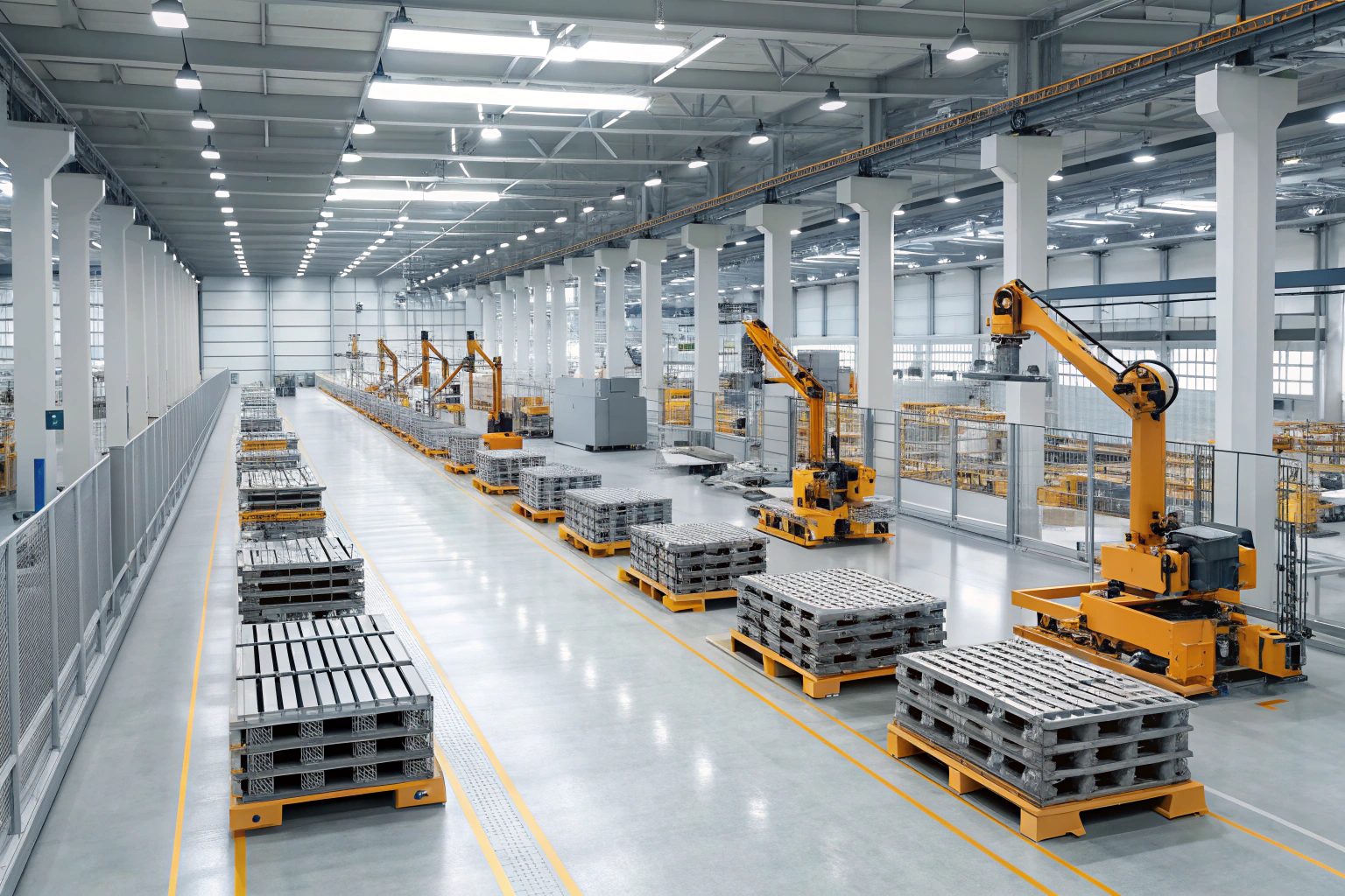 Automated robotic arms handling materials in modern factory