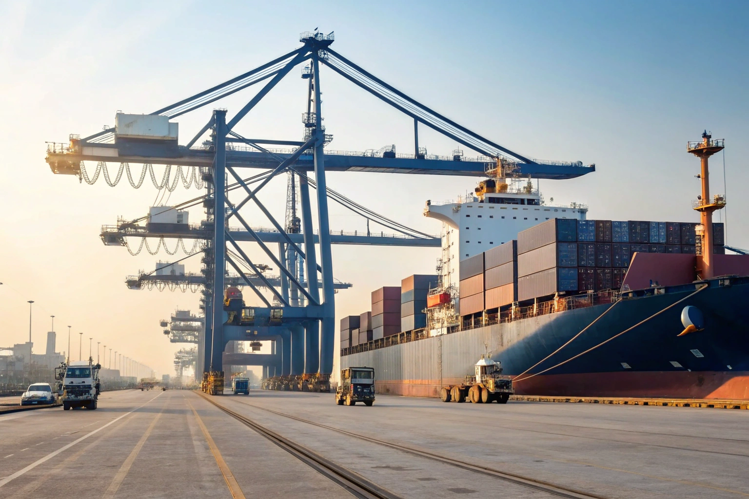 Port operations Container ship docked at busy commercial port