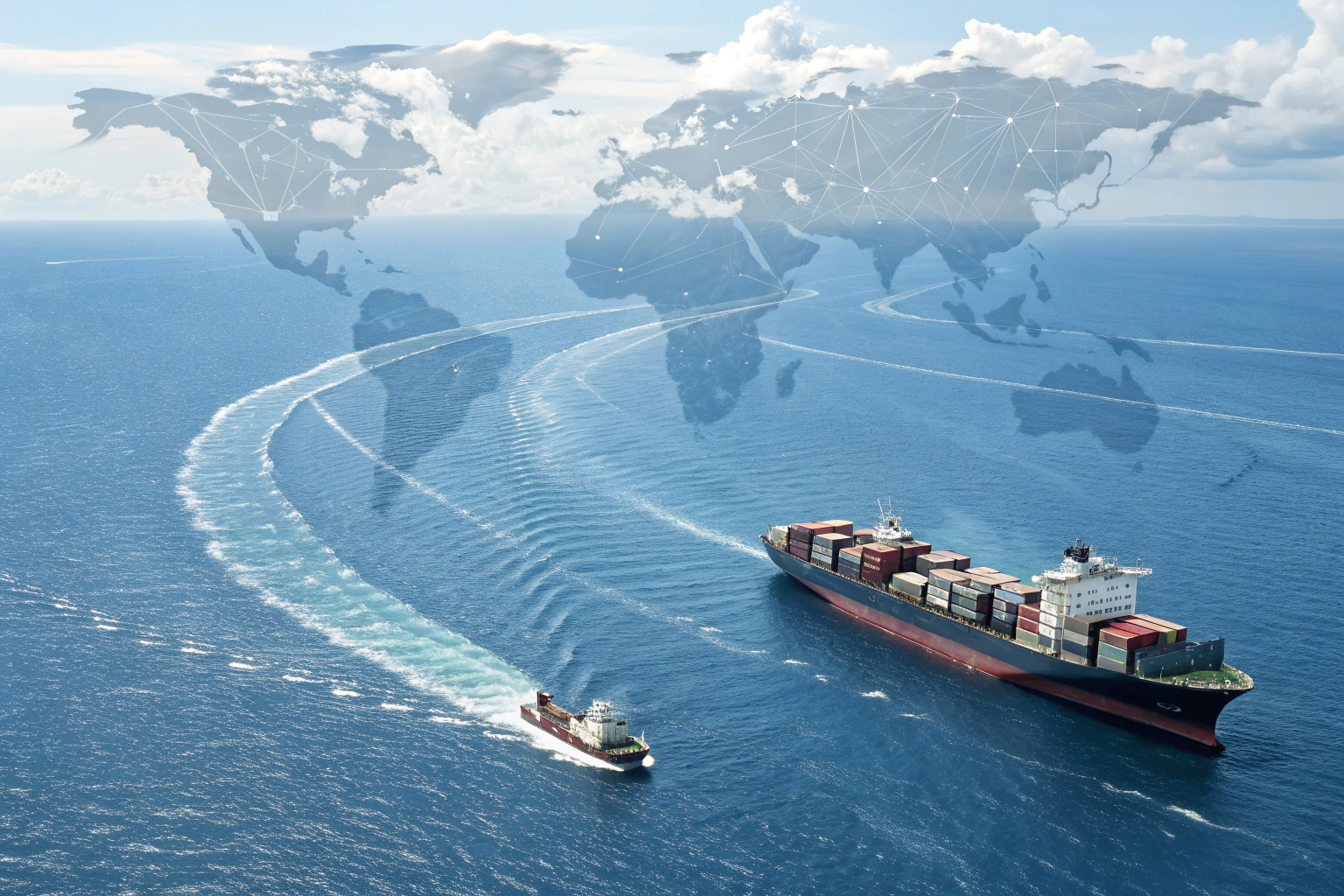Global shipping Cargo ships at sea with global trade map overlay