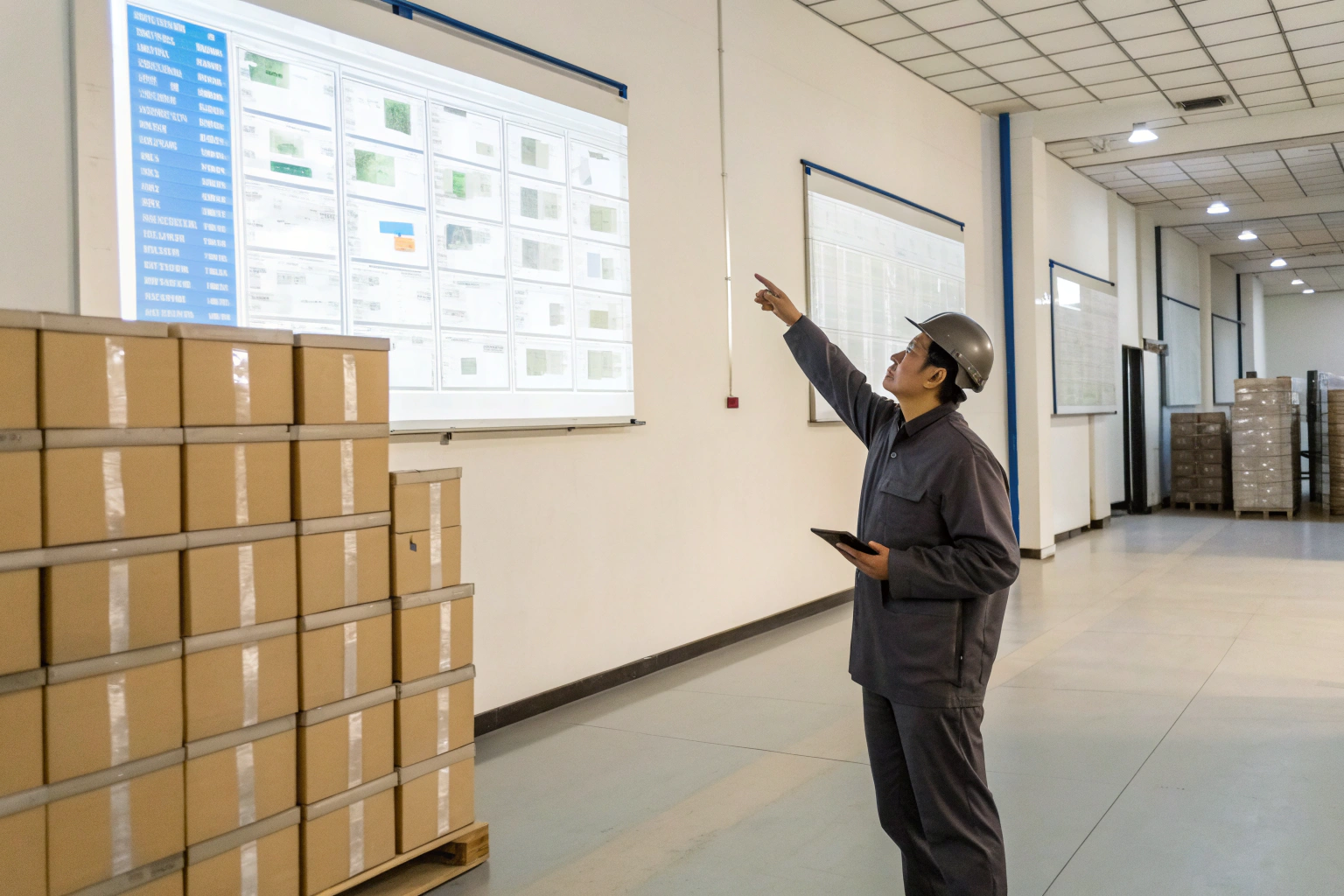 Worker pointing at projected production data beside stacked boxes