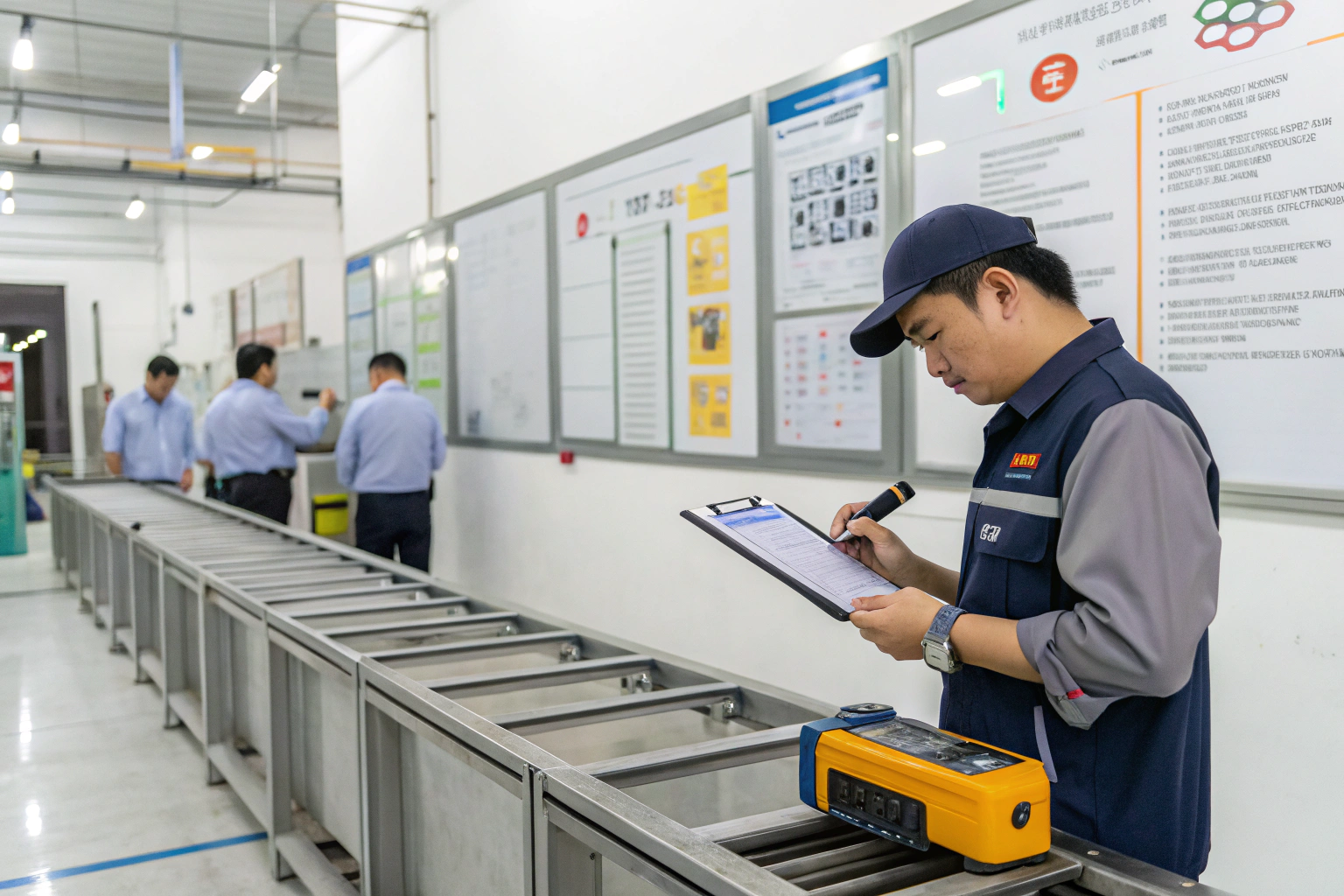 Factory worker conducting inspection with checklist and measuring device