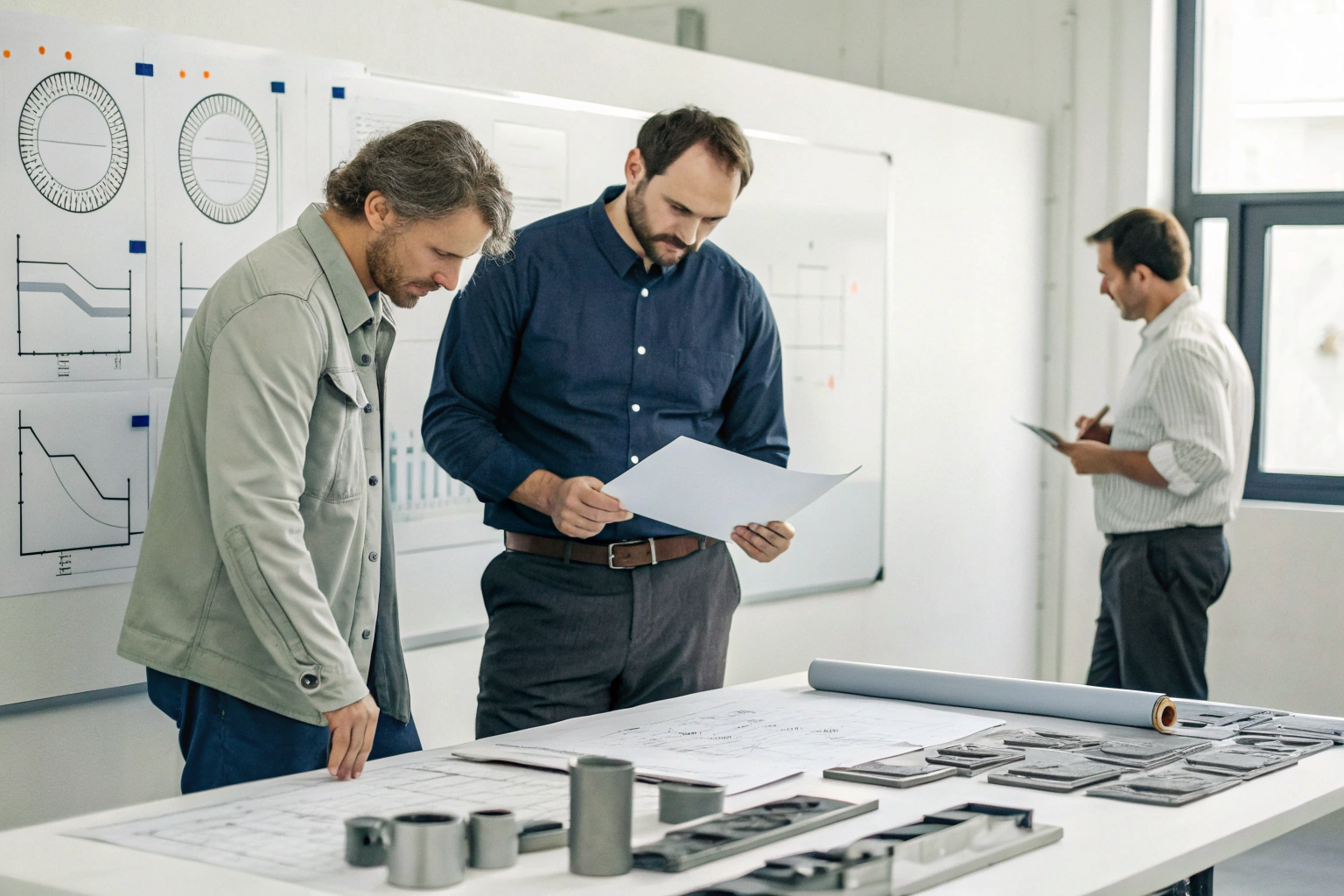 Engineers reviewing technical drawings and mechanical part prototypes