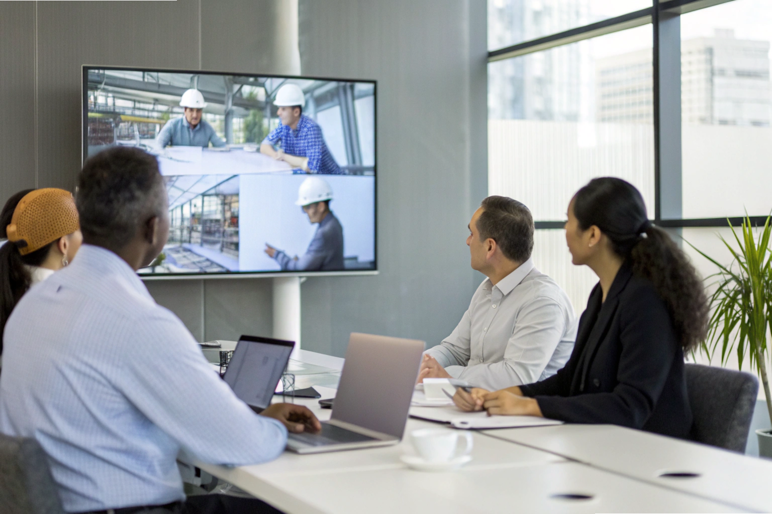 Virtual meeting Business team in video conference with construction engineers