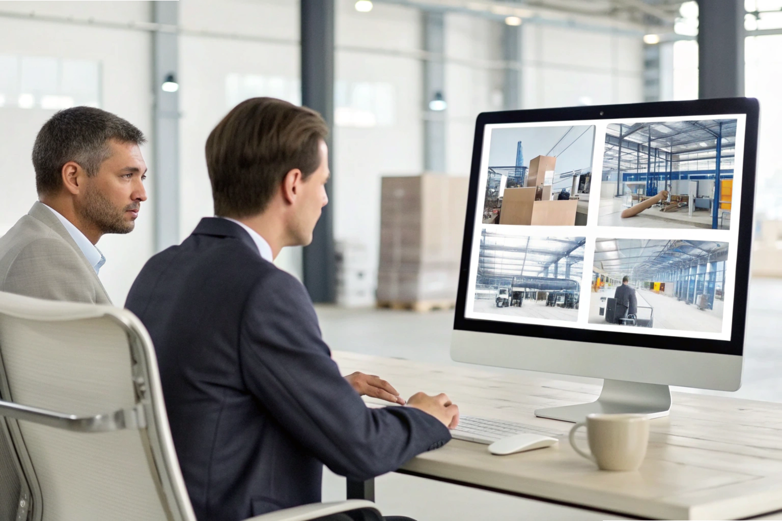 Business executives reviewing factory operations on computer screen