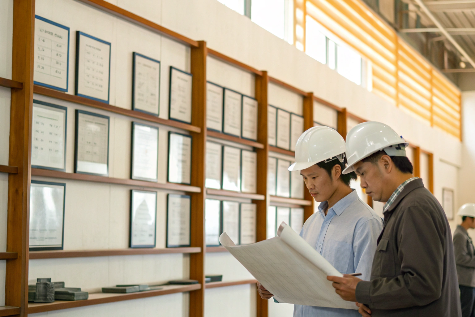 Quality inspection Engineers reviewing blueprints in certified factory environment