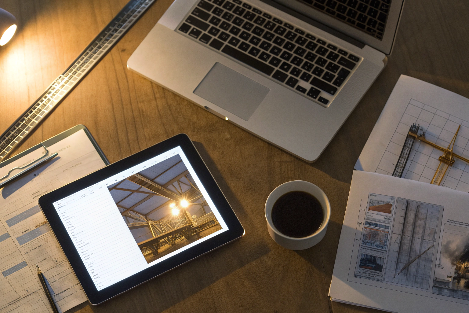 Tablet and laptop displaying construction plans on desk