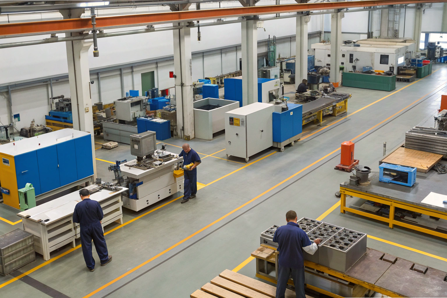Factory floor Wide view of workers operating machinery in factory (ID#3)