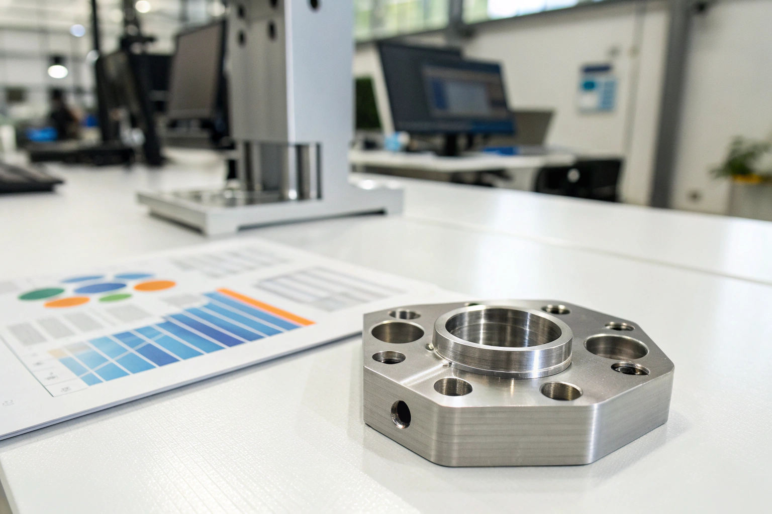 Precision machined metal part on office desk beside data chart (ID#1)