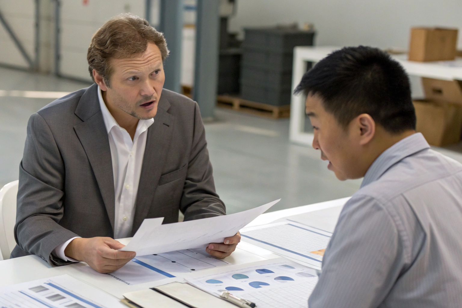 Two professionals reviewing manufacturing documents in office (ID#1)