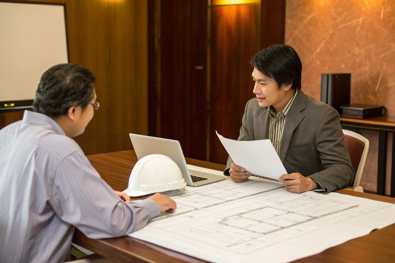 Supplier and engineer discussing project drawings at meeting table (ID#1)