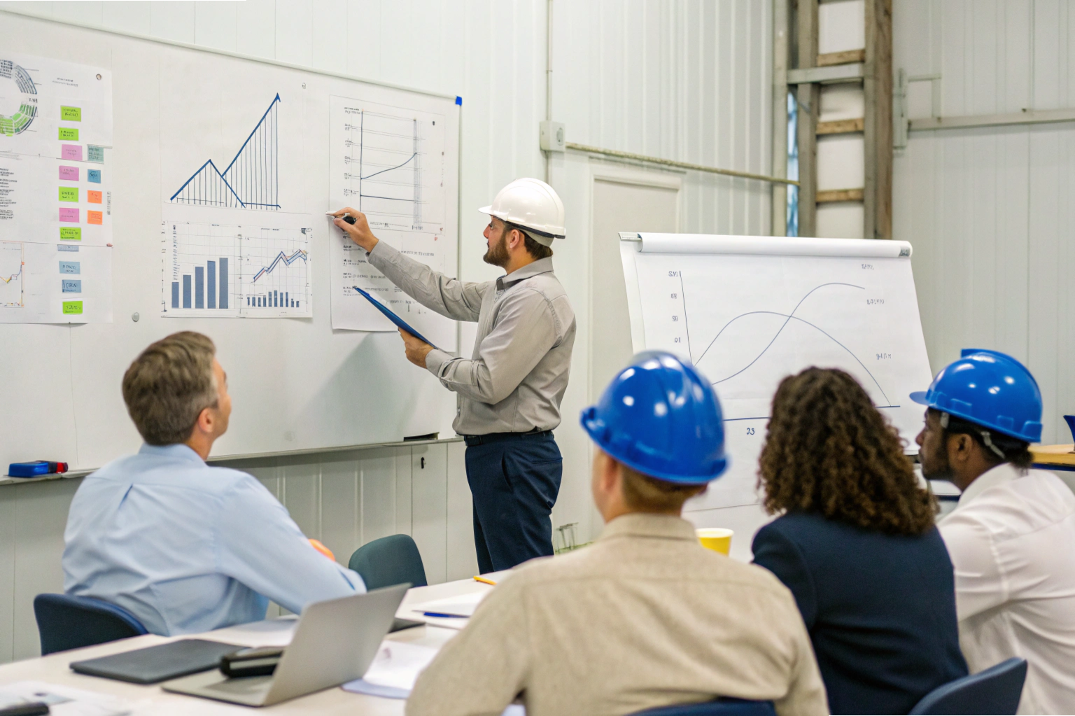 Engineer presenting production performance charts during factory meeting (ID#1)