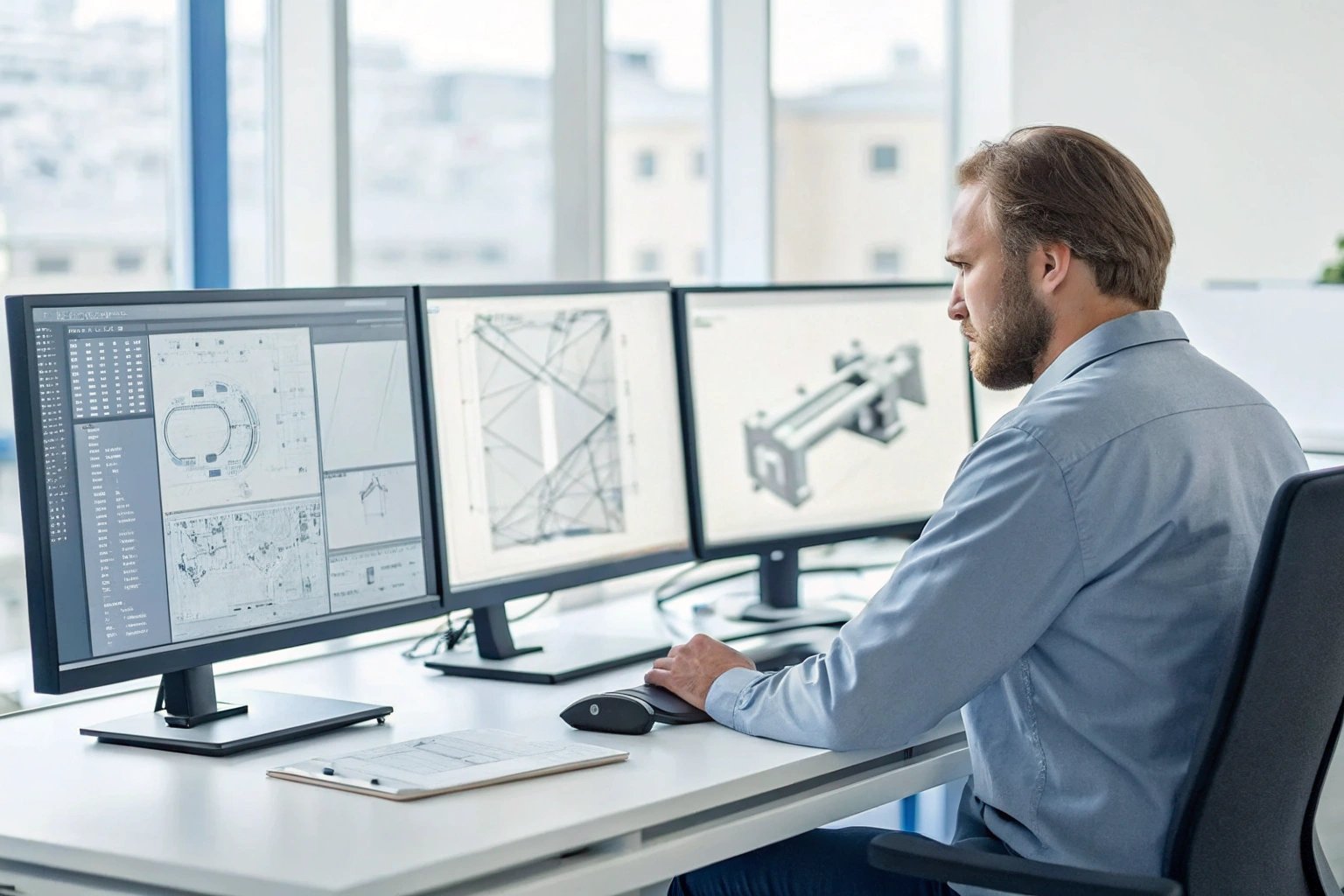 Engineer working on CAD mechanical designs at workstation (ID#1)
