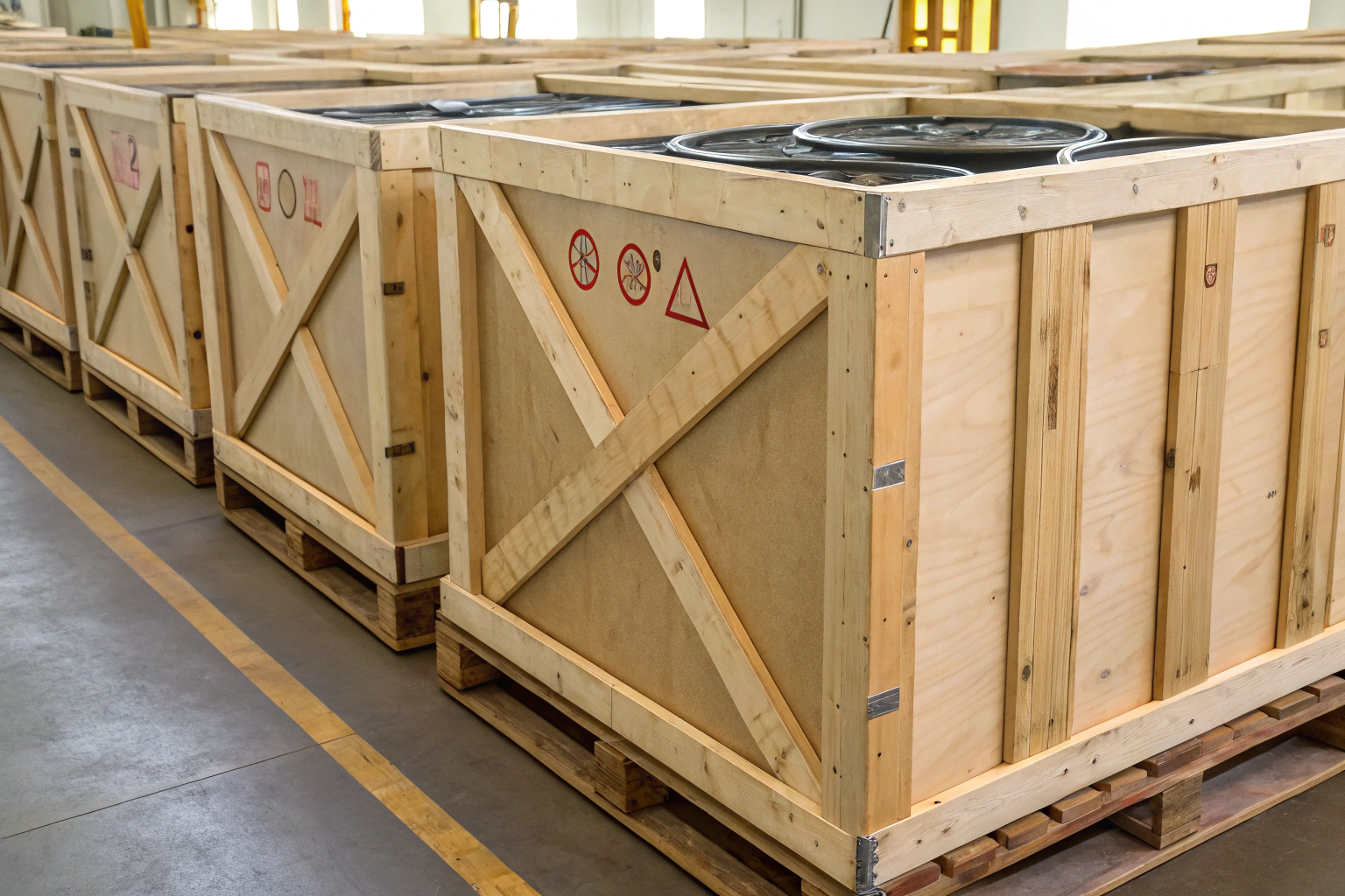 Wooden export crates with safety symbols in factory warehouse (ID#1)