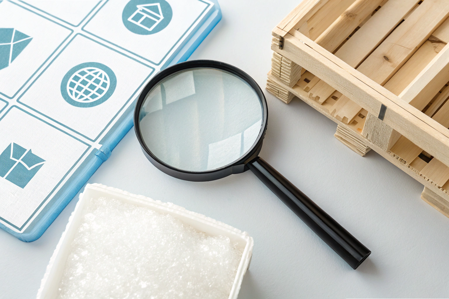 Magnifying glass beside packaging symbols, foam, and wooden pallet (ID#1)
