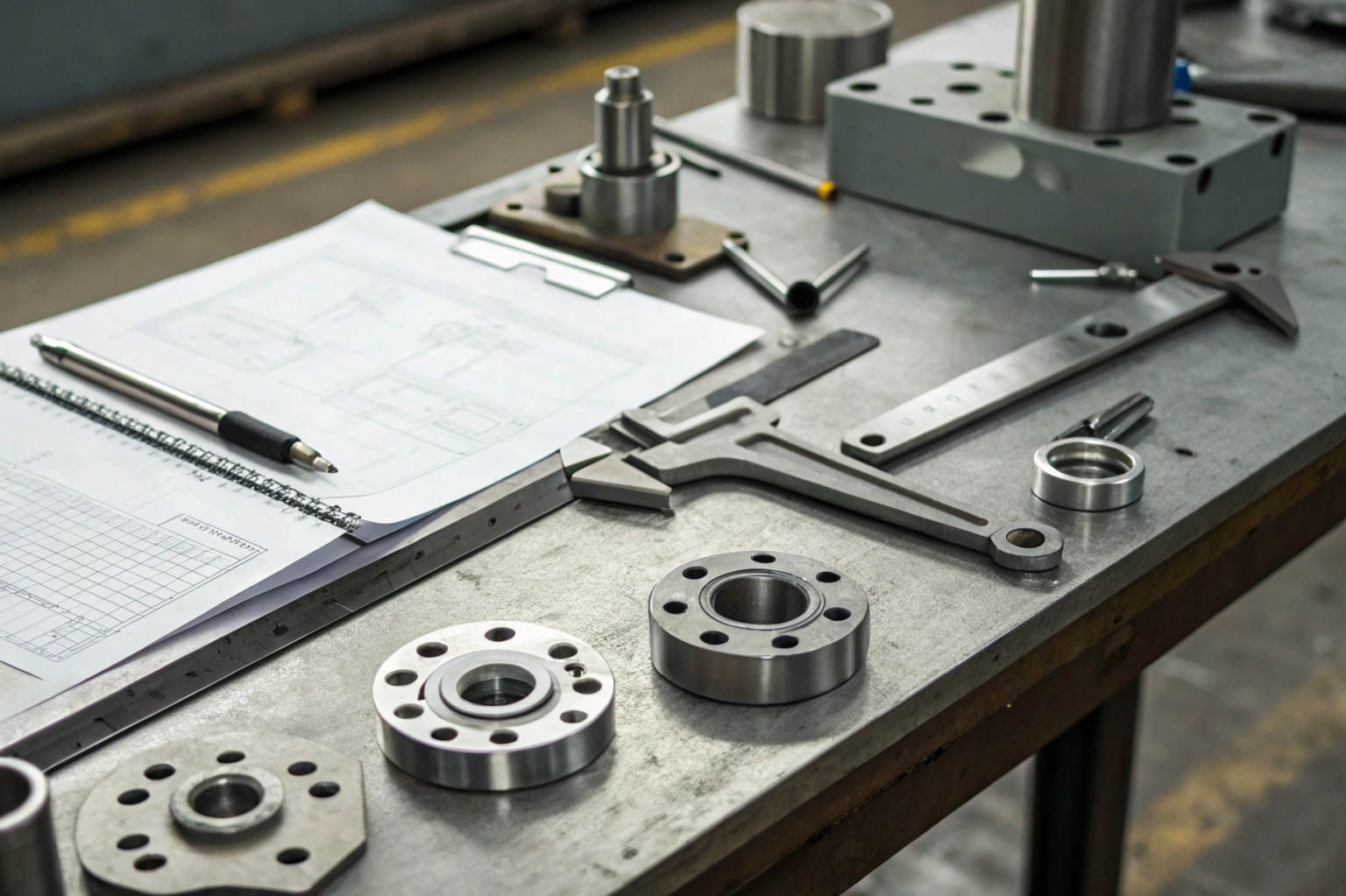 Banco de trabajo de fábrica de piezas metálicas vietnamita con dibujos técnicos y herramientas (ID#1)