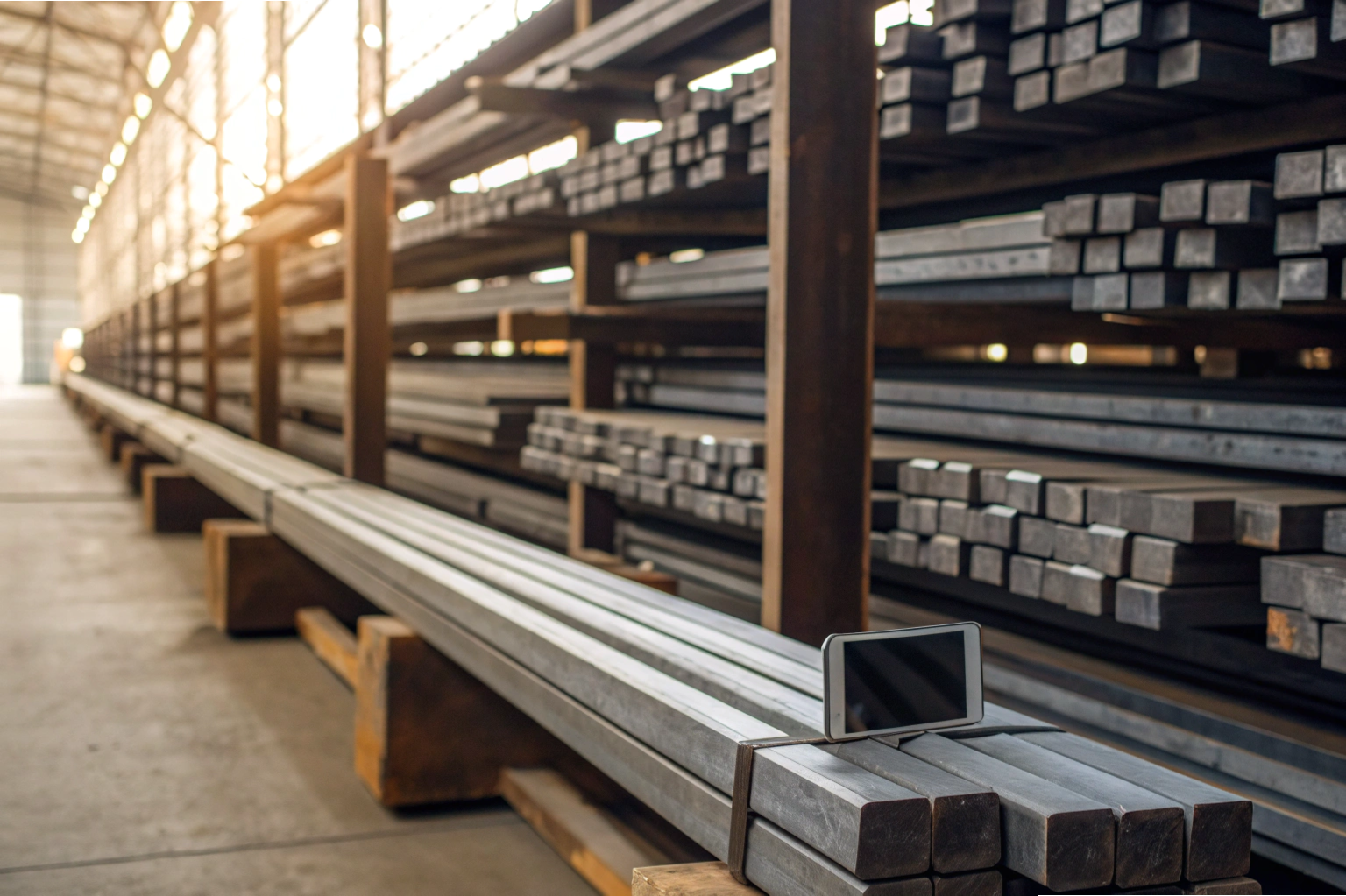Stacked steel bars in warehouse with tablet for inspection (ID#1)