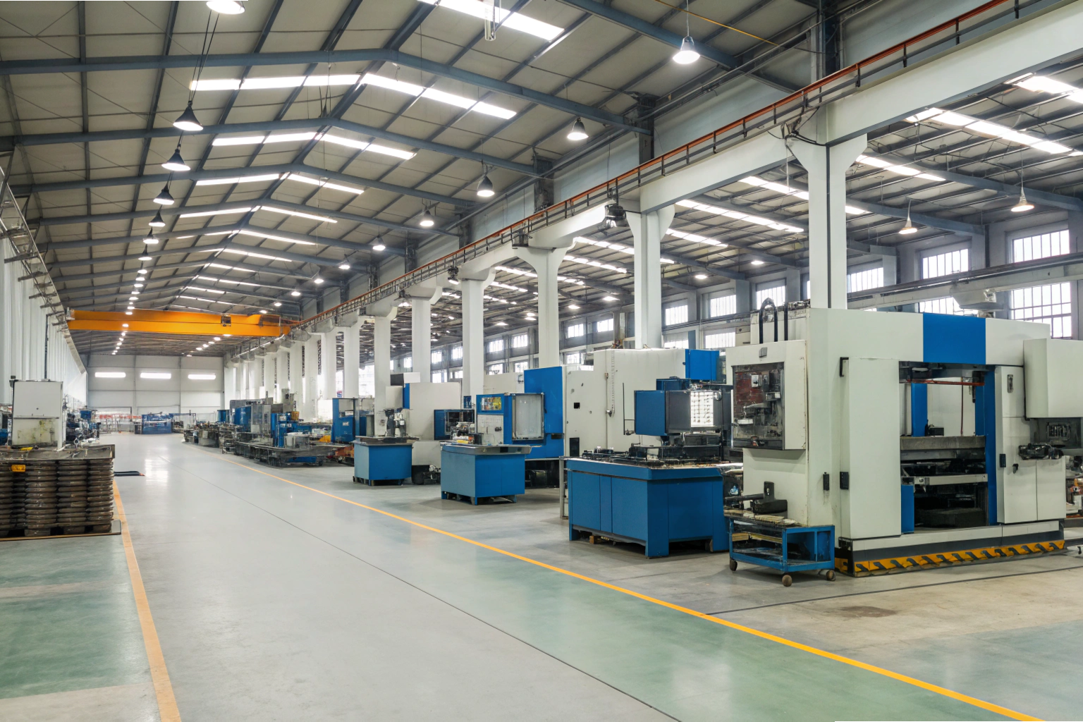 Modern machining workshop with automated CNC equipment and wide layout (ID#1)