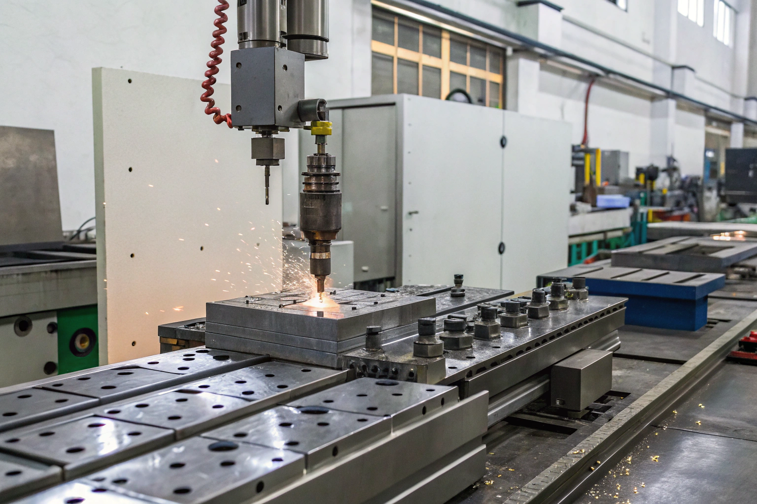 CNC machine cutting metal mold with sparks (ID#1)