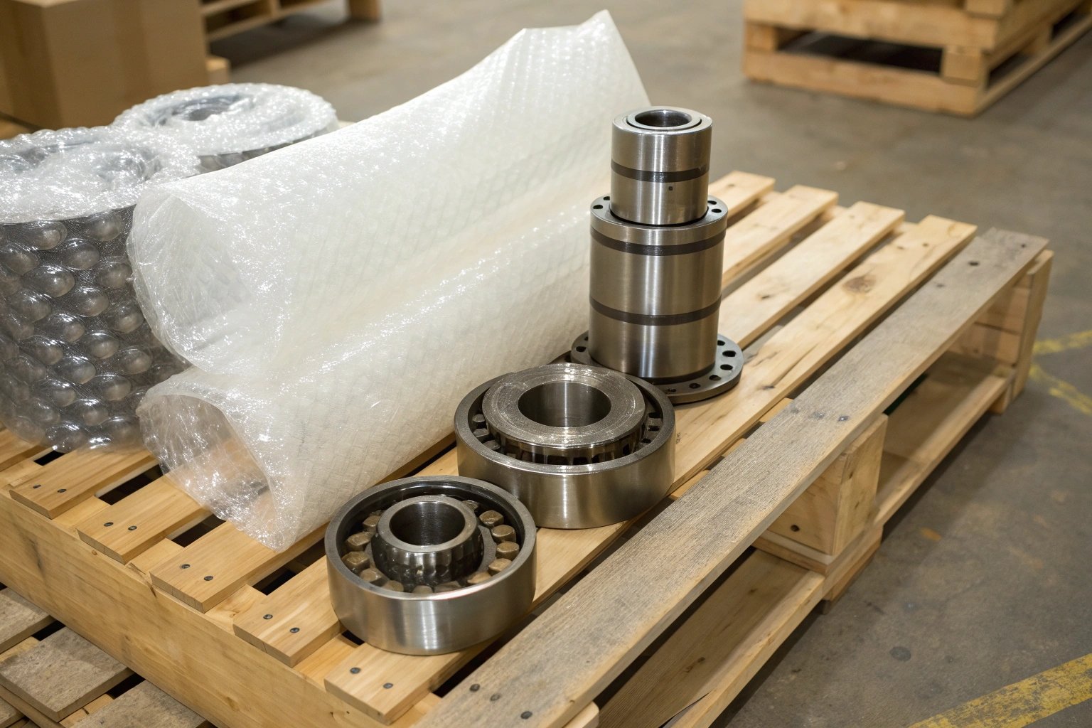 Parts packaging setup Industrial bearings and bubble wrap placed on wooden pallet (ID#2)