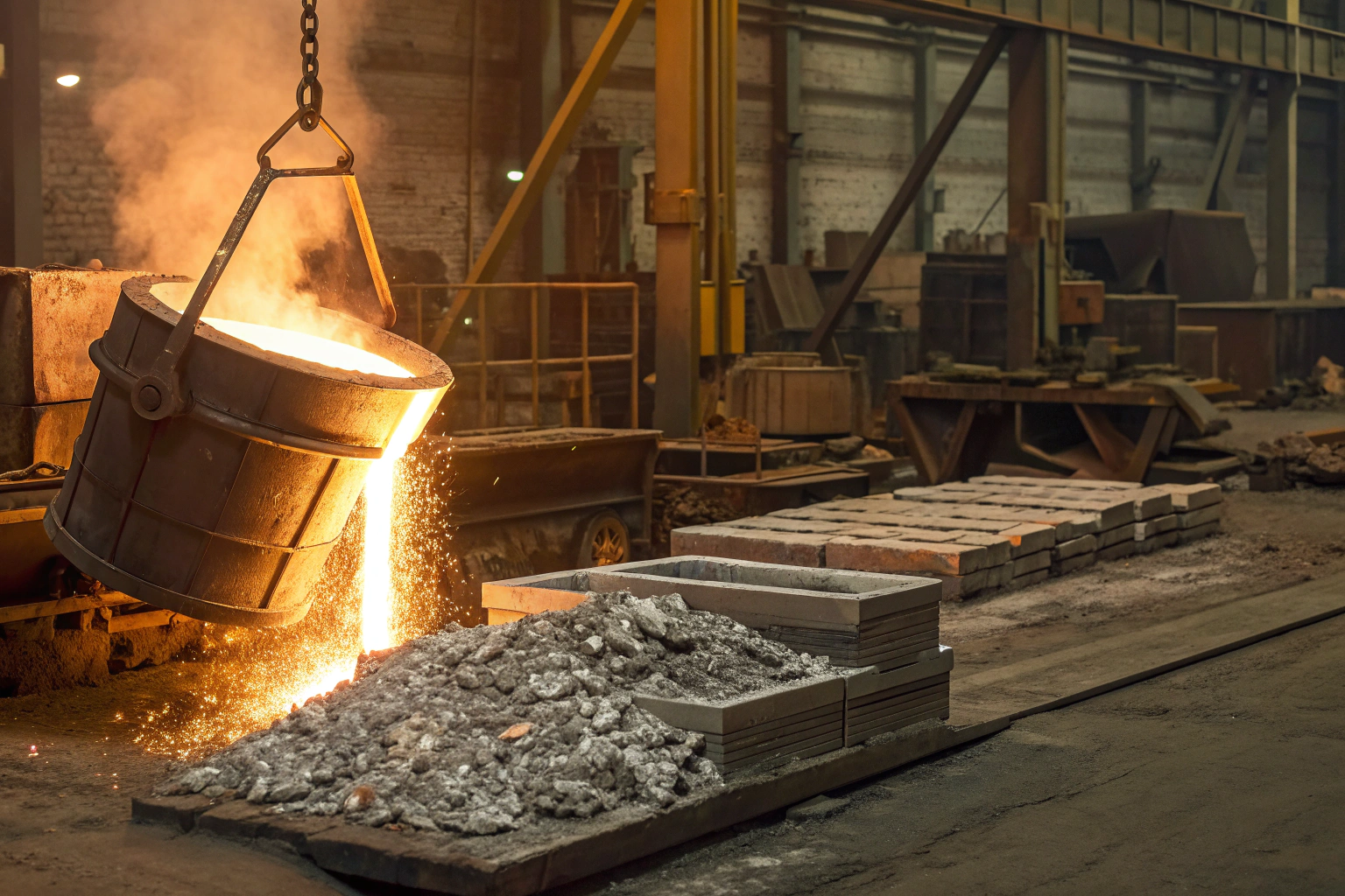 Metal casting process Molten metal being poured into molds at foundry (ID#2)