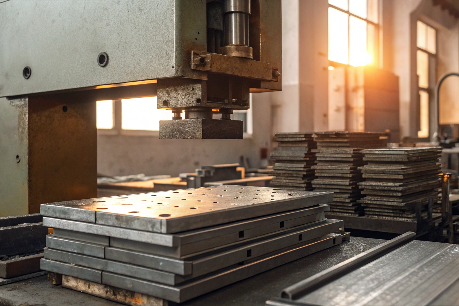 Metal stamping process Metal stamping machine pressing steel plates in factory at sunset (ID#2)