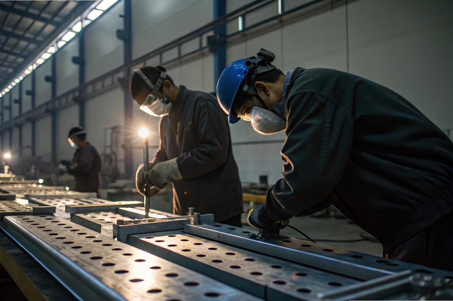 Metal welding process Factory workers welding metal components under bright light (ID#2)