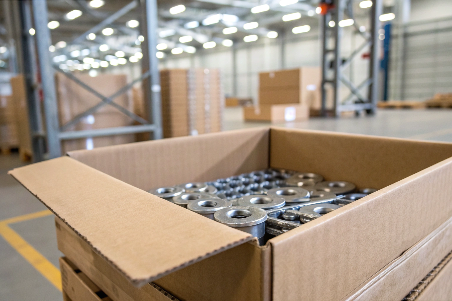 Packed metal parts Cardboard box filled with metal components in warehouse (ID#2)