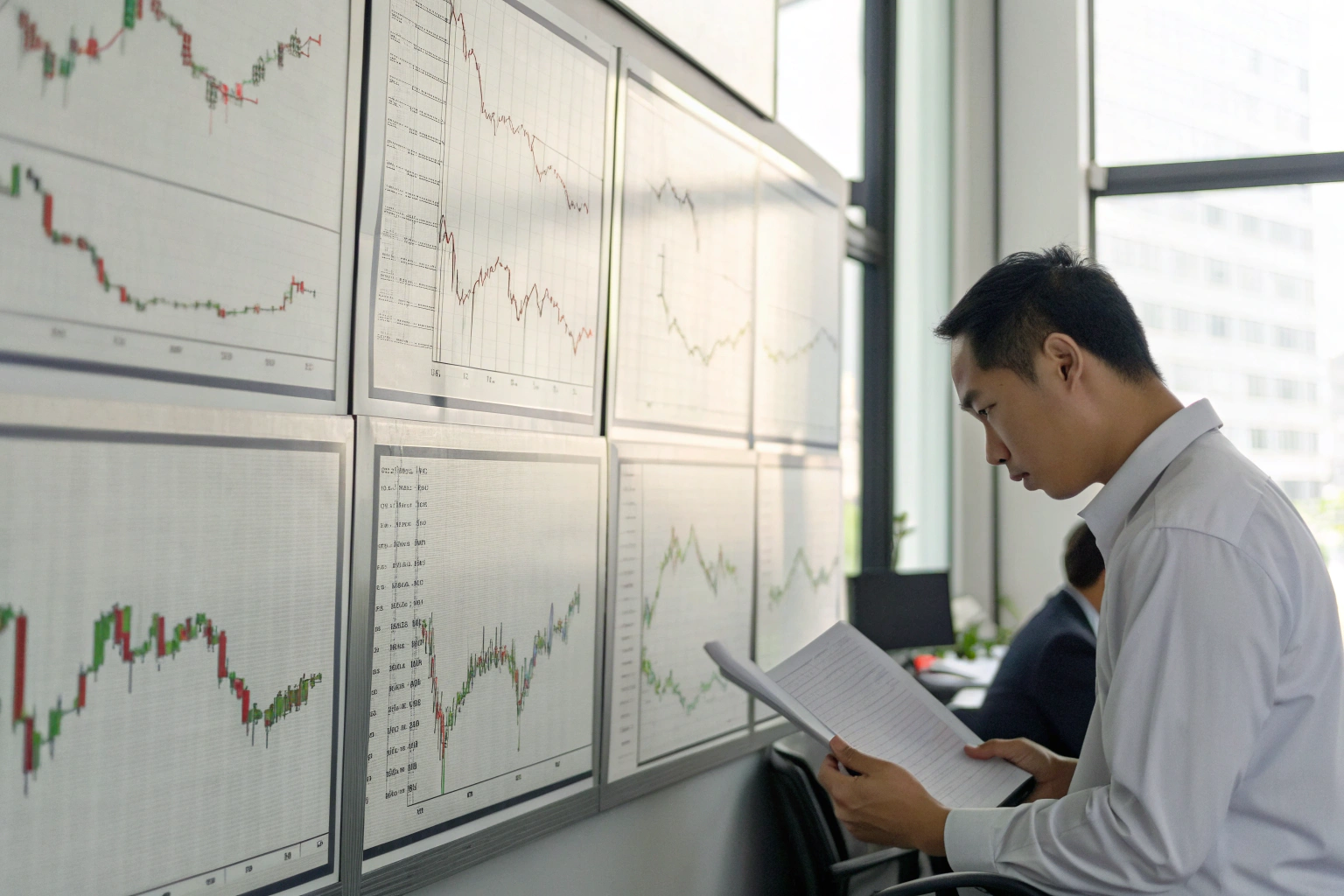 Warehouse performance data Engineer analyzing production charts in warehouse office (ID#2)