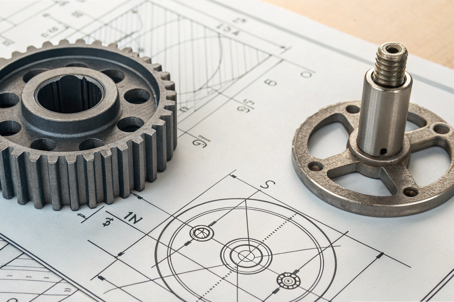 Precision parts design Metal gear and shaft on technical blueprint drawing (ID#2)