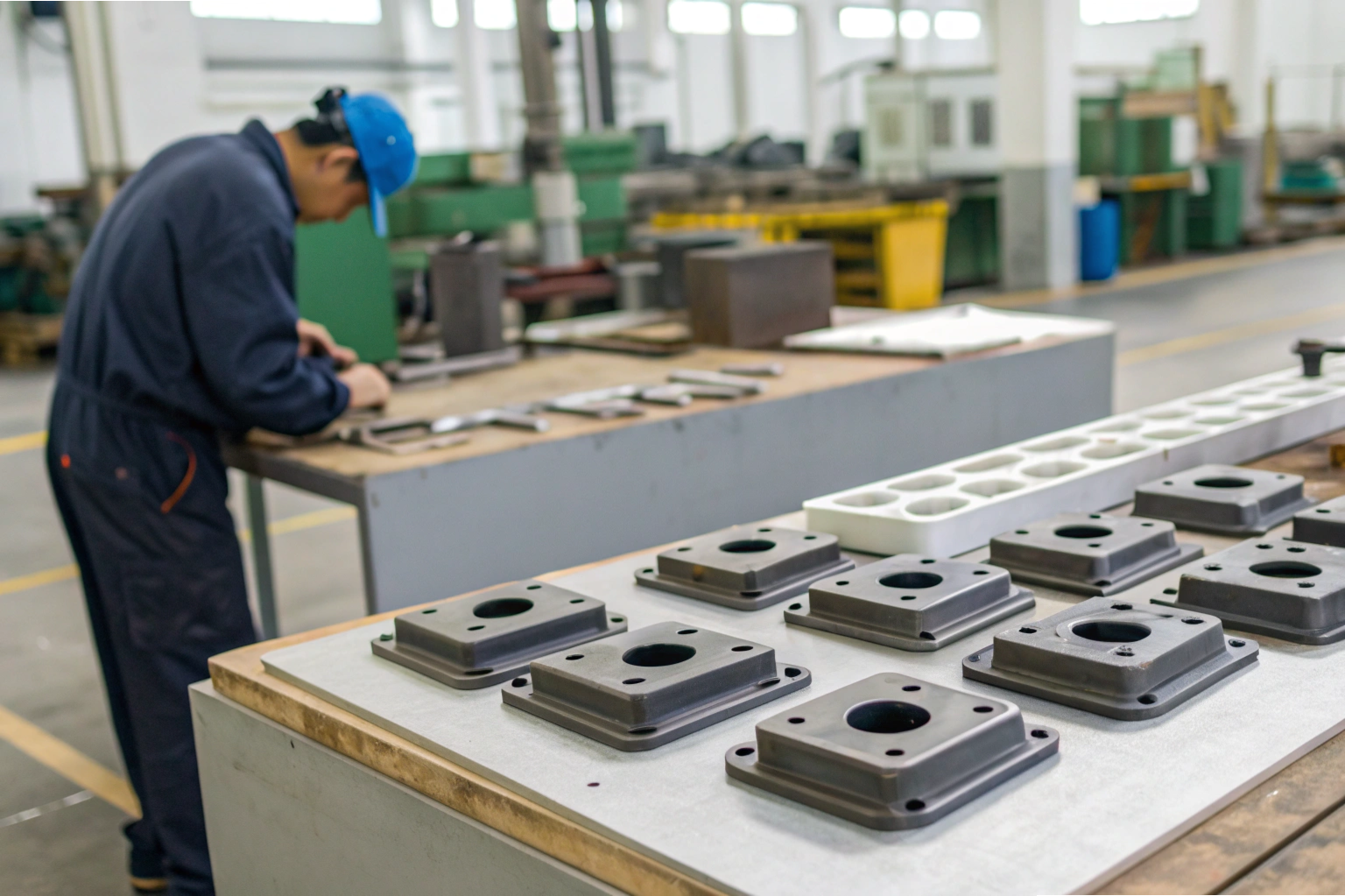 Precision parts inspection Worker inspecting machined components on workshop table (ID#2)